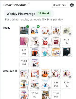 Screenshot of Tailwind's SmartSchedule showing a weekly Pin average rating of good for 13 Pins and a grid of scheduled Pinterest Pins. Each Pin has a time and date. Buttons for shuffling and settings are visible.