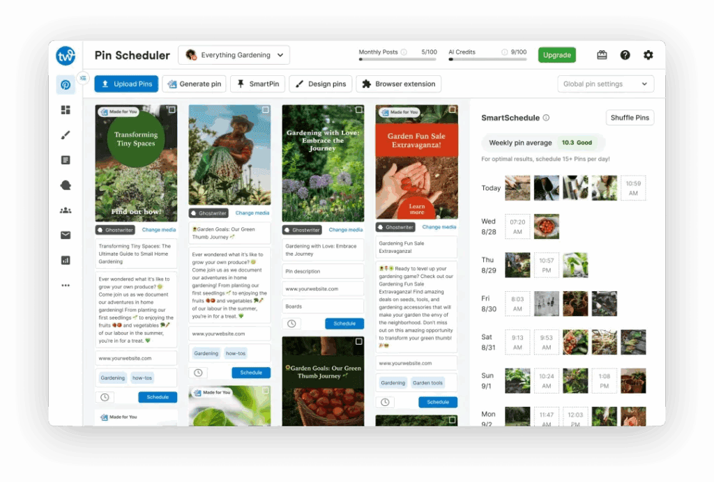 Screenshot of Tailwind's Pin Scheduler showing a variety of gardening Pins ready to be scheduled.