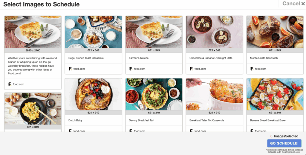Screenshot of 10 thumbnails of brunch recipes from Food.com with instructions in the upper left "Select Images to Schedule" and a "Go Schedule!" button in the lower right.