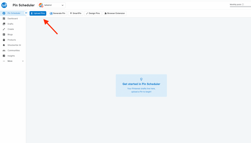 Screenshot of Tailwind's Pin Scheduler with a red arrow pointing to the "Upload Pins" button in the upper left corner.