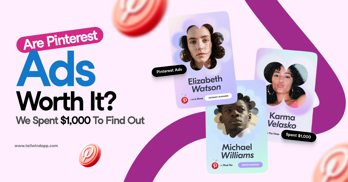 Three headshots of different marketing team members with their job titles and Pinterest logo on a lilac background. Around the images are the blog post title, Tailwind url (www.tailwindapp.com), and Pinterest logos.