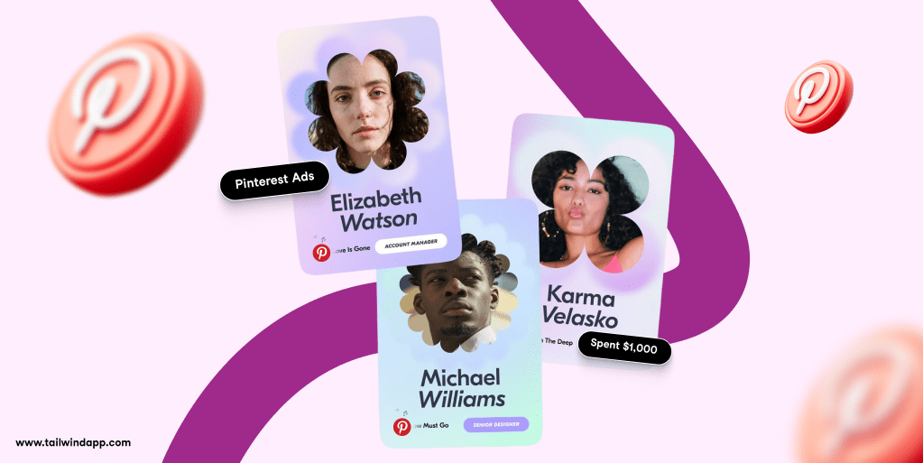 Three headshots of different marketing team members with their job titles and Pinterest logo on a lilac background. Around the images are more Pinterest logos.