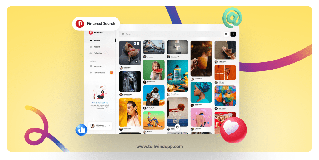 Image of a Pinterest feed with various colorful Pins on a yellow background. Social media icons decorate the corners. Under the image is the Tailwind url (www.tailwindapp.com).