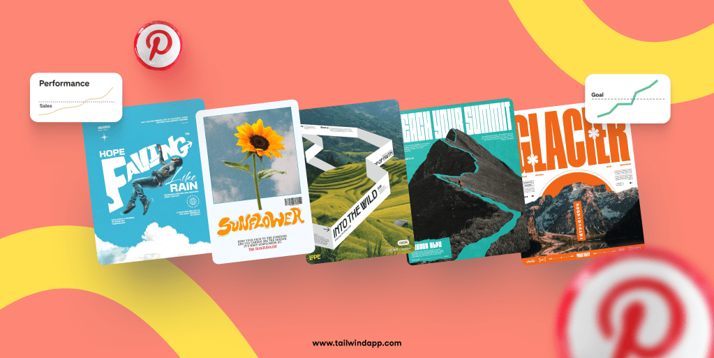 Five business motivational posters on a salmon background with overlays of two line graphs called 'Performance' and 'Goal' showing upward trends. Around the images are the Tailwind url (www.tailwindapp.com), and Pinterest logos.