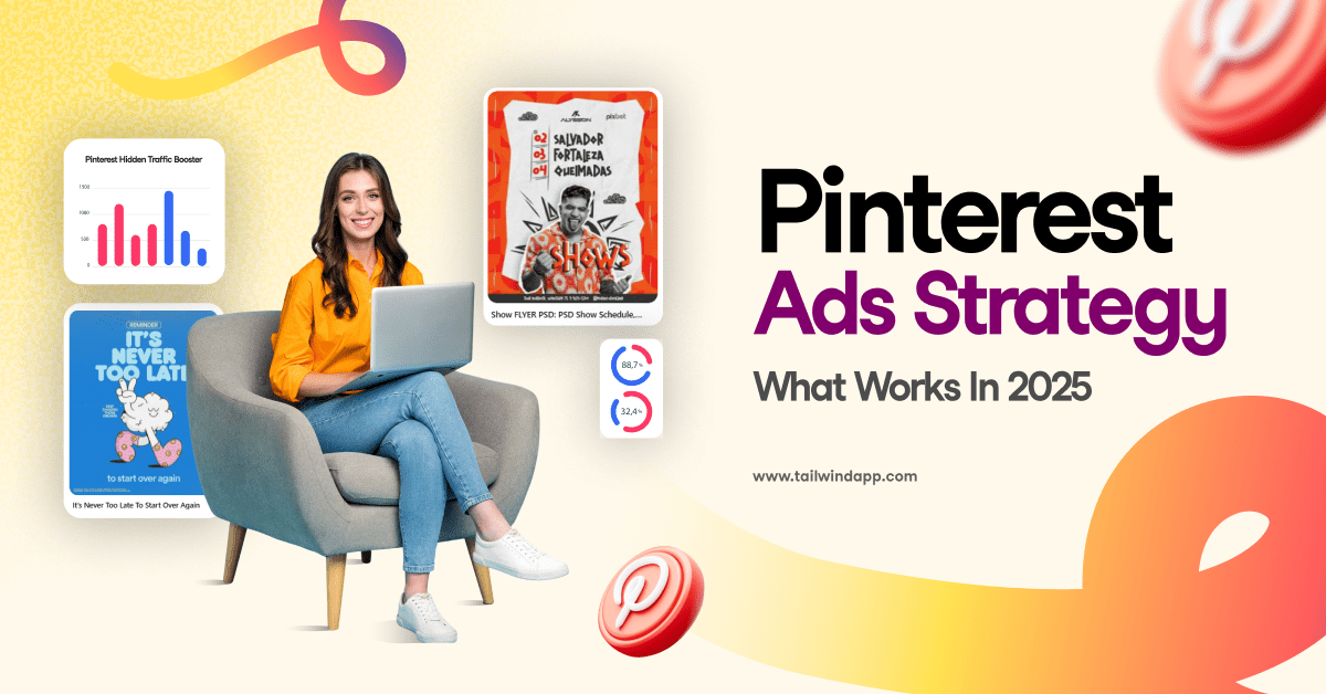 Smiling woman sitting in an armchair with her laptop on her lap on a light yellow background. She is surrounded by a couple of Pinterest Pins and a bar graph titled "Pinterest Hidden Traffic Booster." Around these images are the blog post title, the Tailwind url (www.tailwindapp.com), and Pinterest logos.