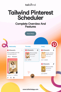 Several Pins for a minimalist clothing company displayed in Tailwind's Pinterest Scheduler to be posted at a variety of times on Wednesday, Thursday, and Friday. Around the image on a multicolor gradient background are the blog post title, Tailwind logo and url (www.tailwindapp.com), a Read More button, and a Pinterest logo.