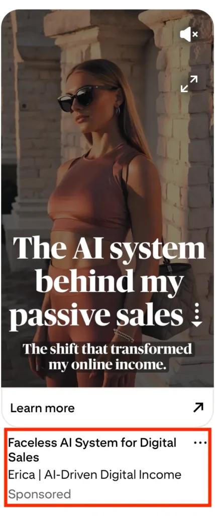 Example of a blog rich pin with the image of a woman in sunglasses standing confidently by a brick wall, wearing a stylish workout outfit. Overlay text says "The AI System behind my passive sales. The shift that transformed my online income."