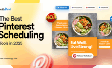 Three Pinterest Pins featuring colorful salads overlayed with a "No. 1" tag, Tailwind logo, and Pinterest Scheduler button. Surrounding the images are the blog post title, the Tailwind url (www.tailwindapp.com), and Pinterest logos.
