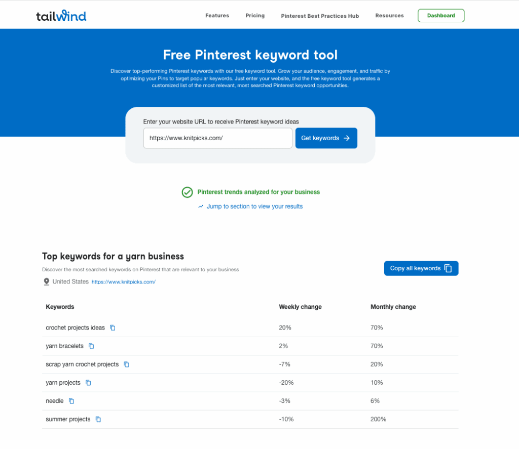 Screenshot of Tailwind's Pinterest keyword tool page. Features a search bar for entering a website URL and displays keyword data for a yarn business, showing weekly and monthly changes.