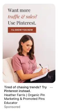 Pinterest standard ad showing a woman in a pink shirt sitting, writing in a notebook. Text above reads, "Want more traffic & sales? Use Pinterest. I'll show you how."