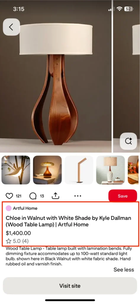 A Pinterest Pin of a walnut table lamp. In the description there is a red box highlighting the price amount, which is $1,400.00