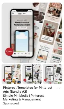 Pinterest collection ad showing mobile screens displaying Pinterest ad templates with "New Product Announcement" text. Surrounding visuals show various template designs and a Canva logo.