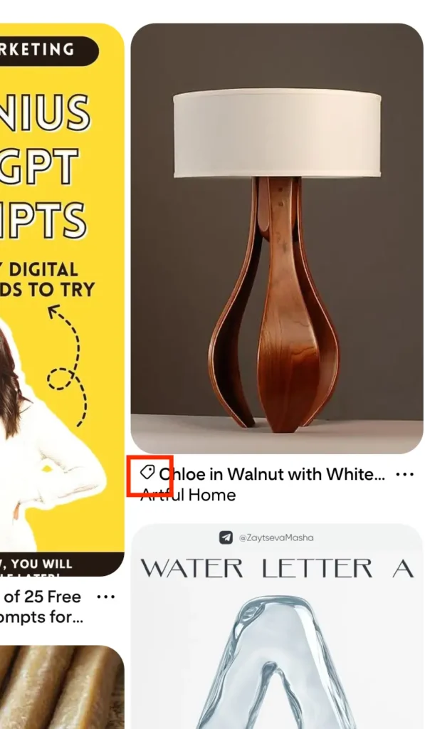 A Pinterest Pin of a walnut table lamp. In the description there is a red box highlighting a price tag icon.