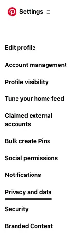 Pinterest settings menu, with options like Edit Profile, Account Management, and Notifications. Privacy and Data are underlined.