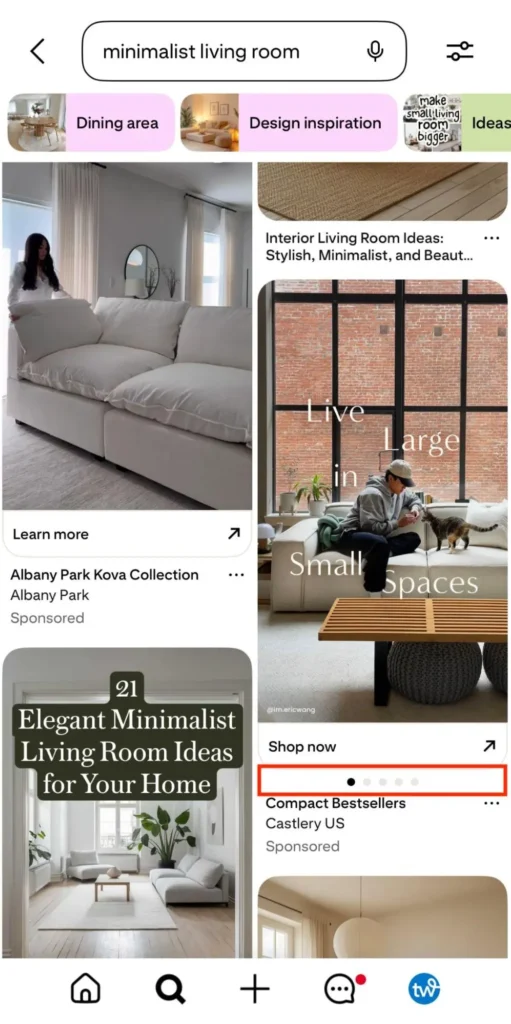 A Pinterest Pin of a man and his cat sitting on a couch. The text overlay is "Live Large in Small Spaces." Under the image is a red box highlighting a series of dots indicating there are more images if the user swipes left.