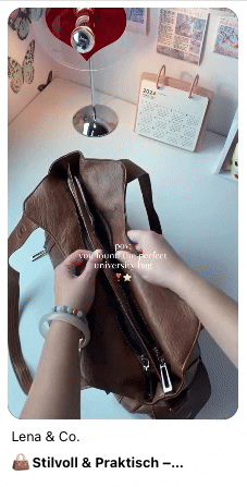 Gif showcasing a brown leather handbag with many zipper compartments. Someone is packing the back full of various items. Text overlay says "POV: you found the perfect university bag"