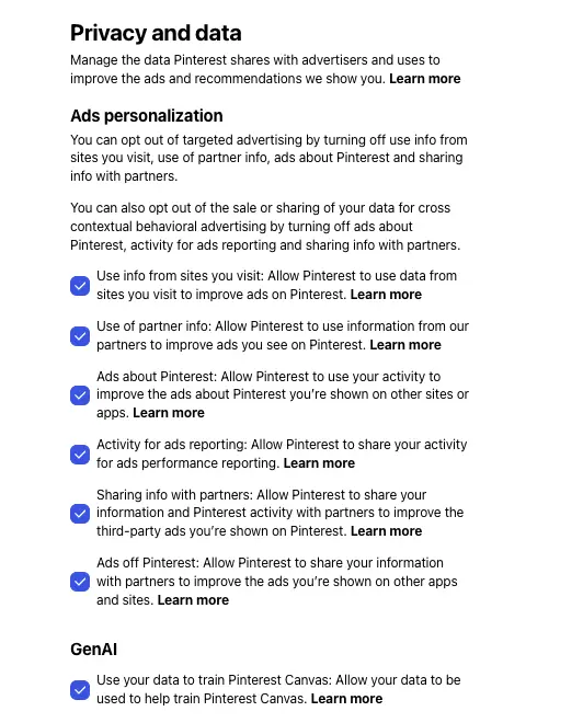 Privacy and data settings on Pinterest's webpage, detailing options to manage ad personalization, data sharing, and using data for training Pinterest Canvas. Several options are listed with checkmarks indicating selections.