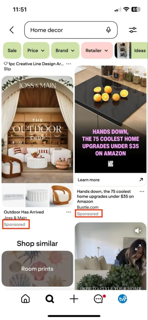 Pinterest results of a search for "Home Decor" showing two Pin ads with the label "Sponsored" below the images.