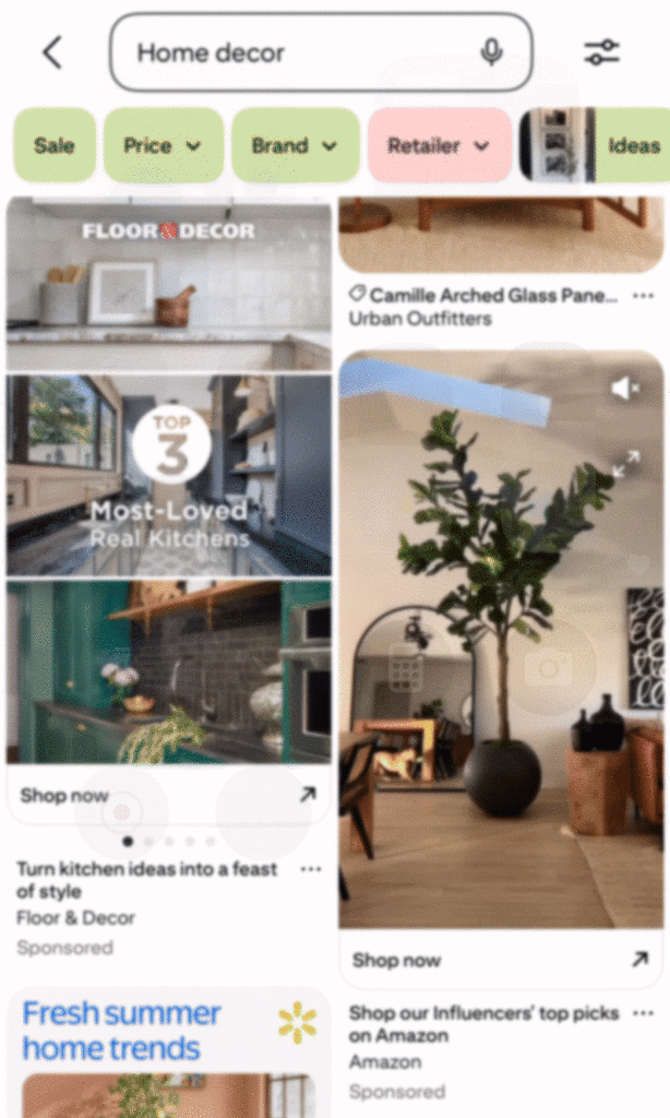 A gif of a Pinterest video Pin showing a woman adding faux moss and a spotlight to the pot of an indoor tree.