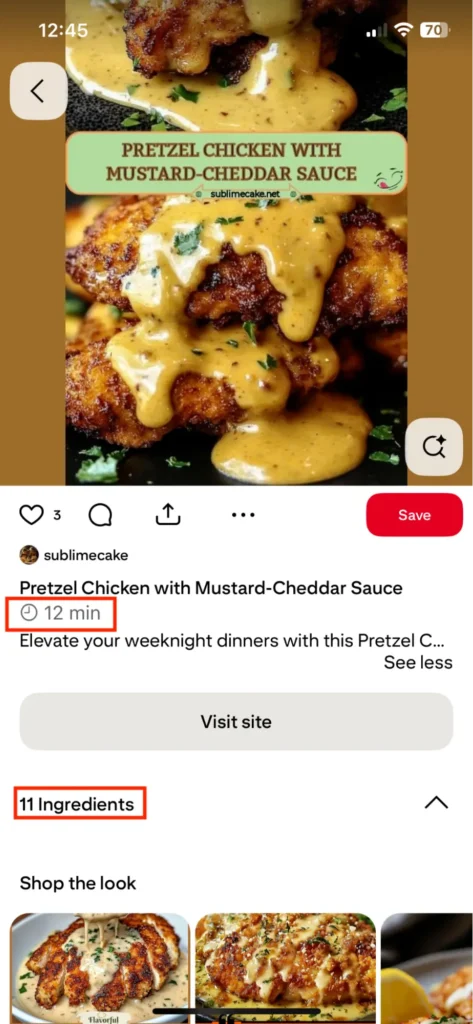 Example of a recipe rich Pin with a close-up of crispy pretzel-coated chicken drizzled with rich mustard-cheddar sauce, garnished with herbs. A red box highlights cook time and another one highlights that recipe calls for 11 ingredients.