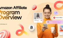 A smiling woman in an orange turtleneck looking at her mobile phone on a pale yellow background. Around her are Pin images of clothing items for sale, the blog post title, the Tailwind url (www.tailwindapp.com), multicolor swirls, and Pinterest logos.