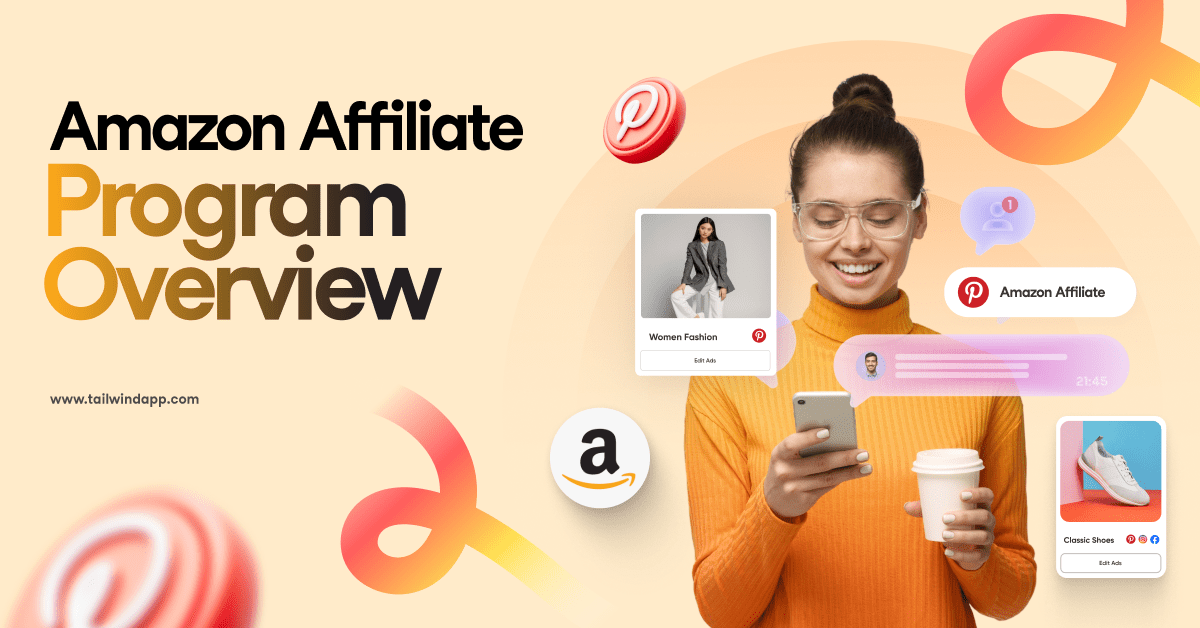 A smiling woman in an orange turtleneck looking at her mobile phone on a pale yellow background. Around her are Pin images of clothing items for sale, the blog post title, the Tailwind url (www.tailwindapp.com), multicolor swirls, and Pinterest logos.