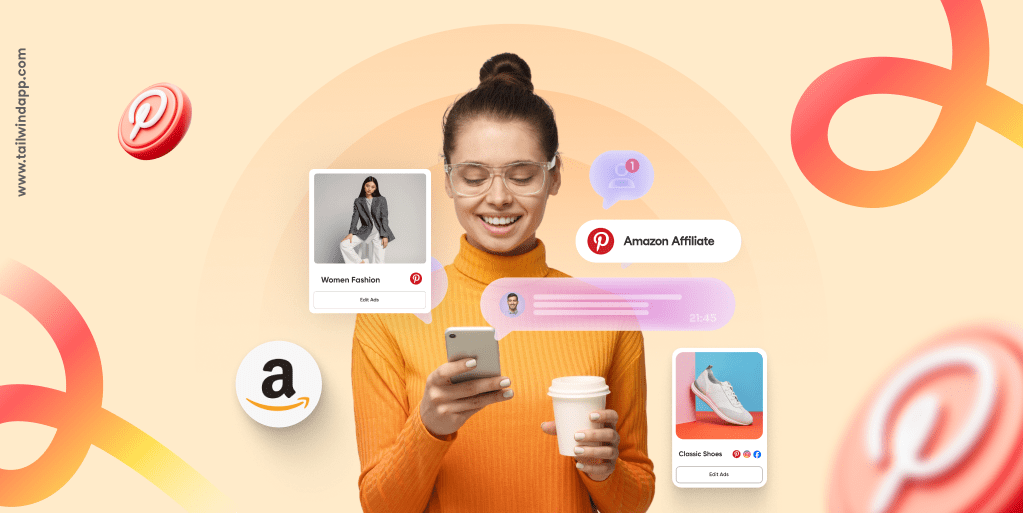 A smiling woman in an orange turtleneck looking at her mobile phone on a pale yellow background. Around her are Pin images of clothing items for sale, multicolor swirls, and Pinterest logos.
