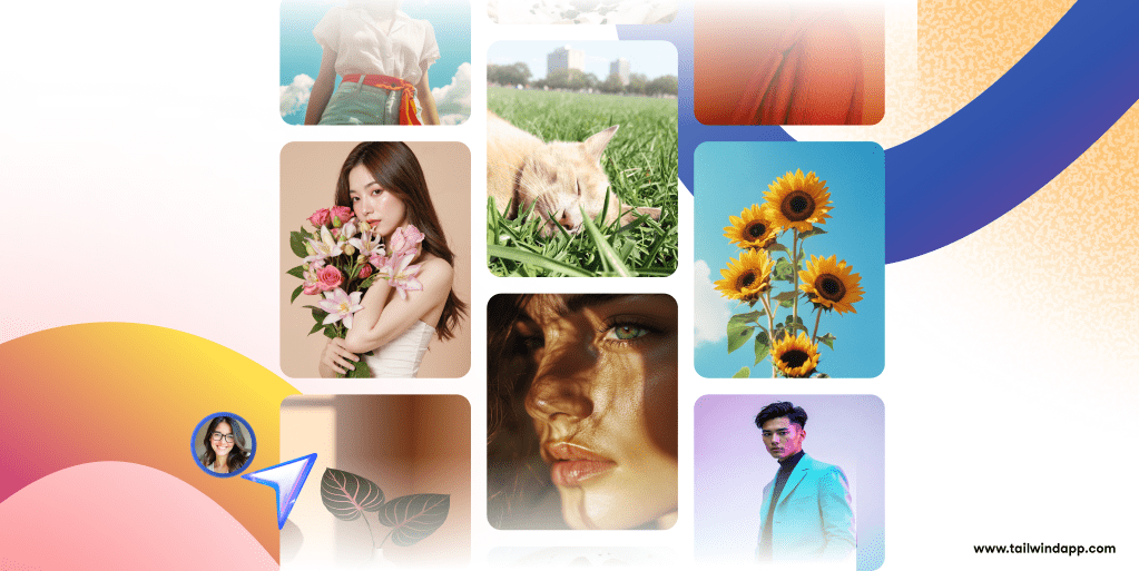 Collage of Pins showing different images like a cat napping in grass, sunflowers, a woman holding a bouquet of flowers, and a man in a sweater and jacket on a multicolor background with swirls. In the lower right corner is the Tailwind logo (www.tailwindapp.com).