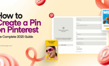 Pinterest's Pin creation interface showing blank fields for title, description, url, and board on a pale yellow background. Around the image are a couple of example Pins, the blog post title, Tailwind url (www.tailwindapp.com), Pinterest logos and red gradient swirls.