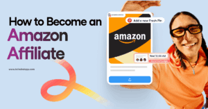 A smiling man lifting his arm in greeting wearing an orange hoodie on a light blue background. On his outstretched hand is an Amazon Pin. Around the images are the blog post title, the Tailwind url (www.tailwindapp.com), and multicolor orange swirls.