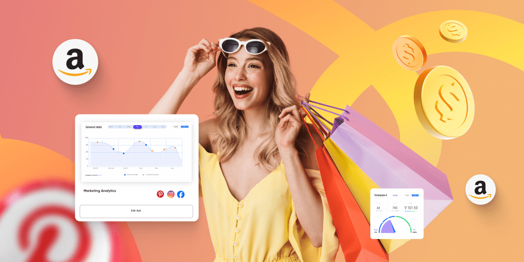 Image of a smiling woman carrying multicolor shopping bags on a light orange background. Around the image are graphs showing marketing analytics and profit, and Amazon and Pinterest logos.