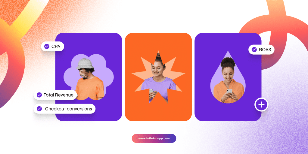 Three Pin-shaped images of smiling people working on their phones on an orange, purple, and white gradient background. Around the images are the Tailwind url (www.tailwindapp.com) and multicolor swirls.