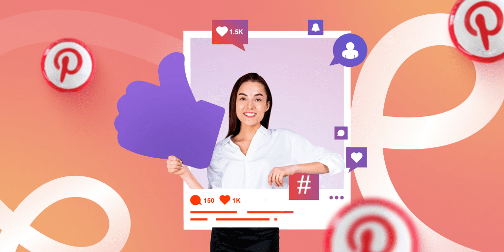 A smiling woman in a white button down shirt in an instagram-looking frame surrounded by common social media icons. Around the image are Pinterest logos on a peach-colored background.
