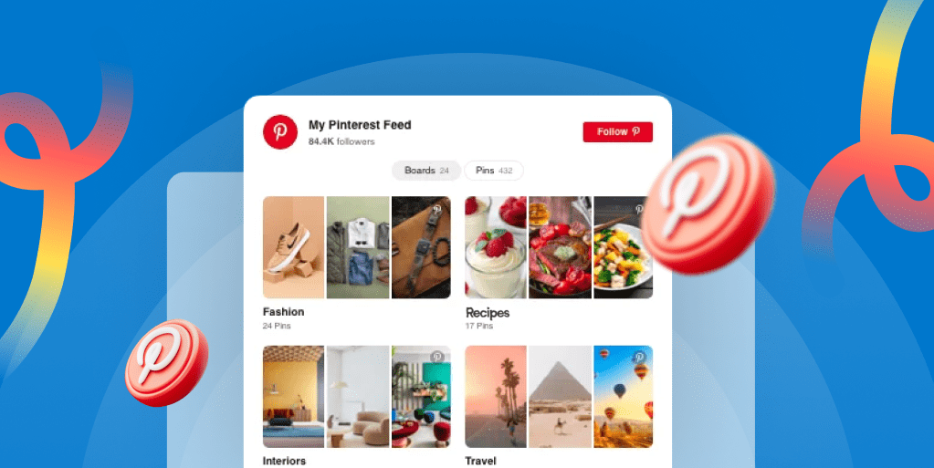 Image of a Pinterest feed showing several boards such as Fashion and Recipes on a blue background. Surrounding the image are Pinterest logos and multicolor swirls.