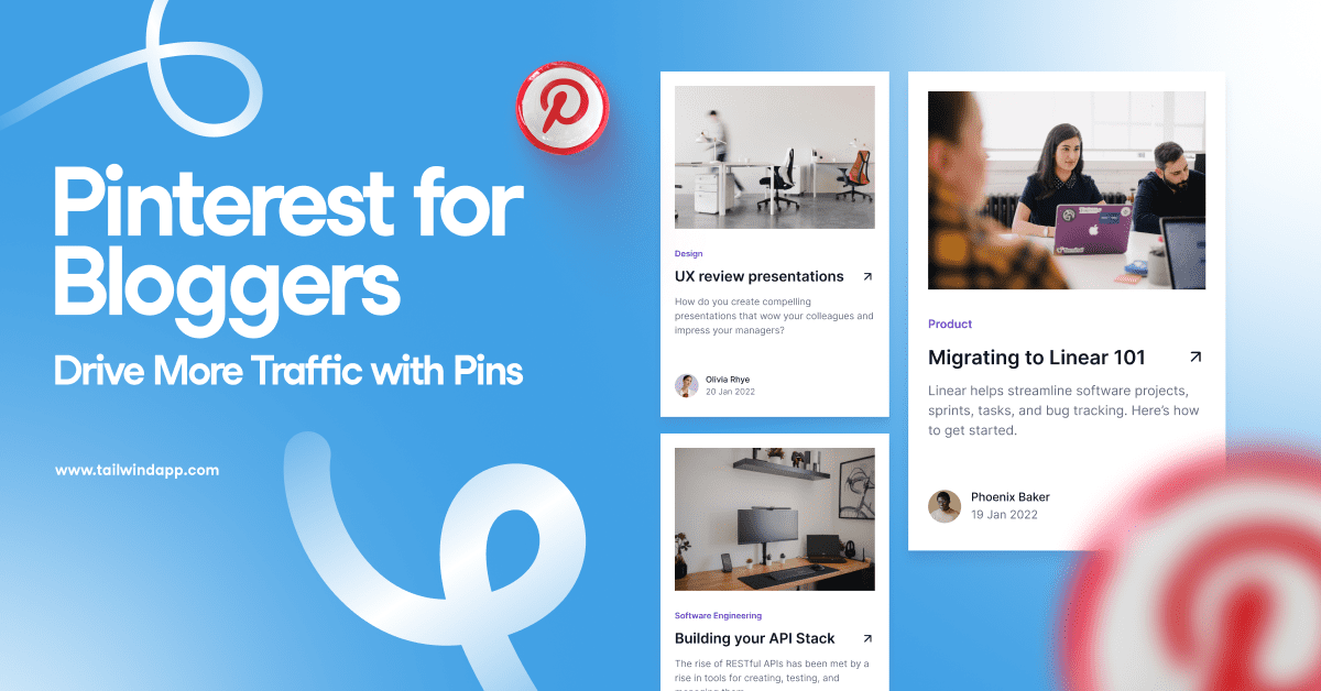 Three Pinterest Pins for blog posts in the categories of Design, Product, and Software Engineering on a light blue background. Surrounding the Pins are the blog post title, Tailwind url (www.tailwindapp.com), Pinterest logos, and white swirls.