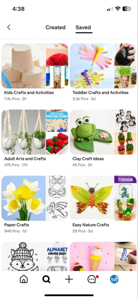 Screenshot of a Pinterest mobile app showing saved boards for crafts and activities including Kids Crafts, Toddler Crafts, Adult Arts and Crafts, Clay Craft Ideas, Paper Crafts, and Easy Nature Crafts.