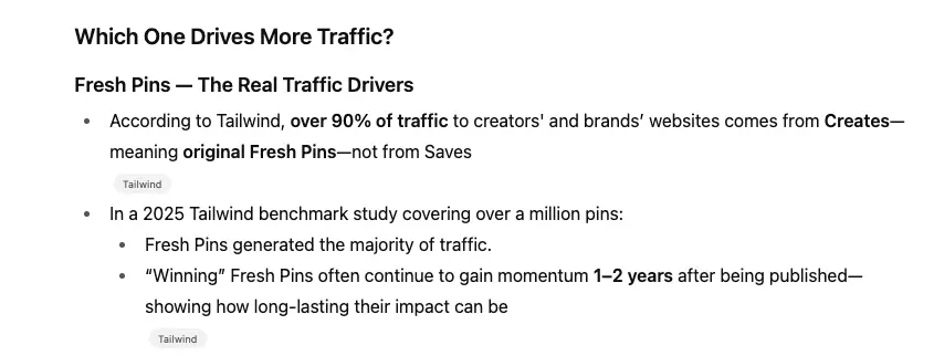 A screenshot of ChatGPT's response to the question "Are Saves or Fresh Pins more effective for Pinterest traffic?"
