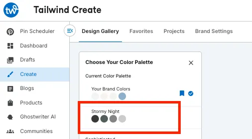Screenshot of Tailwind Create's color palette selector, with the 'Stormy Night' palette highlighted.