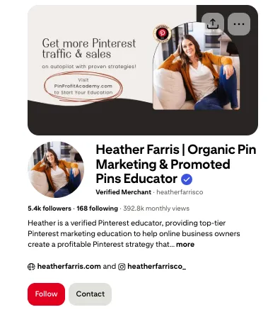 Pinterest profile of Heather Farris featuring her banner promoting Pinterest traffic strategies with detailed description.