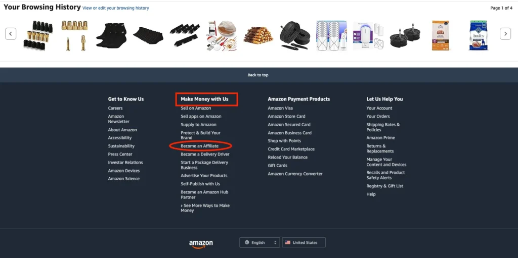 Amazon website footer with the 'Make Money with Us' section highlighted, including a circled 'Become an Affiliate' link under the listed options.