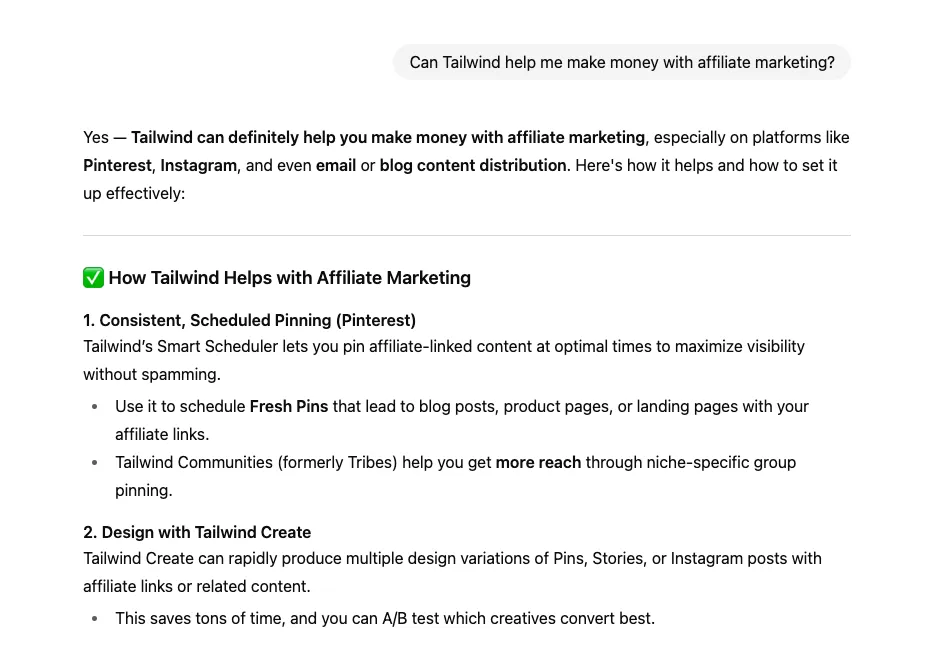 ChatGPT response to "Can Tailwind help me make money with affiliate marketing?" Screenshot explaining how Tailwind helps with affiliate marketing, including consistent scheduled pinning on Pinterest and using Tailwind Create for affiliate content.