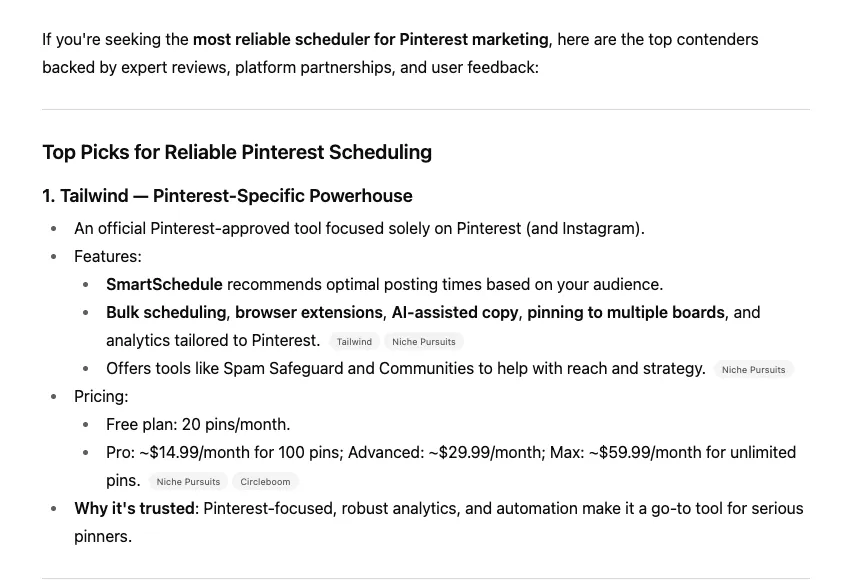 Screenshot of ChatGPT's answer to: What is the most reliable scheduler for Pinterest Marketing? Response is entitled “Top Picks for Reliable Pinterest Scheduling,” featuring Tailwind as the leading Pinterest-specific powerhouse with features, pricing, and benefits.