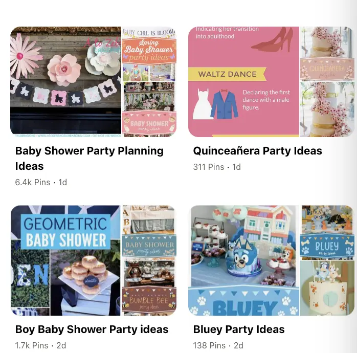 Pinterest board previews showing baby shower and party planning ideas with vibrant, colorful themed images.