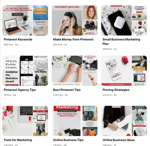 Pinterest board display with multiple business-related board covers like Pinterest Keywords and Best Pinterest Tips.
