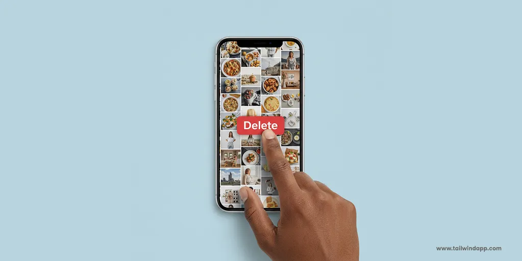 A hand tapping a red 'Delete' button on a smartphone filled with Pinterest-style images, symbolizing clearing search history.