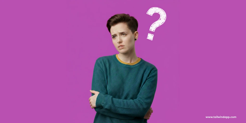 A person with a puzzled expression and a question mark above their shoulder on a purple background, representing a beginner’s guide to Pinterest boards.