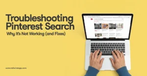 Wide banner with the headline 'Troubleshooting Pinterest Search: Why It’s Not Working (and Fixes)' next to a laptop on a yellow background showing Pinterest search results with 'no results found.'