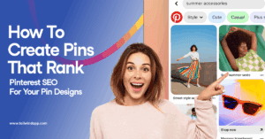 An image of a woman with an excited smile pointing at Pinterest search results for summer accessories on a blue gradient background with mulitcolor swirls. Around the image are the blog post title and Tailwind url (www.tailwindapp.com).