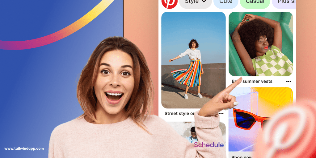 An image of a woman with an excited smile pointing at Pinterest search results for summer accessories on a blue gradient background with mulitcolor swirls. Around the image are the Tailwind url (www.tailwindapp.com) and Pinterest logos.