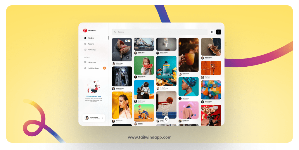 Screenshot of a Pinterest homepage showing a wide assortment of colorful Pins on a gradient yellow background with colorful swirls. Around the image are the Tailwind url (www.tailwindapp.com) and a "Fresh Pins" button.